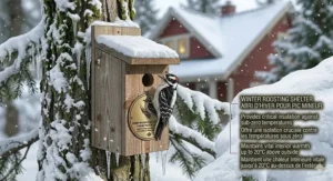 Downy Woodpecker using a nesting box as a winter roosting shelter during a snowy Canadian winter with icicles and frost.