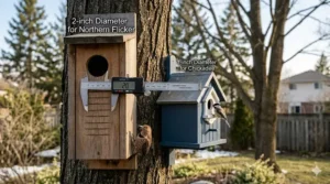 Diagram showing a 2-inch entrance for a Northern Flicker woodpecker house compared to a 1-inch hole for a regular chickadee house.