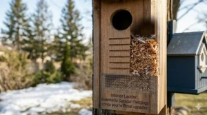 Close-up of horizontal scores or a mesh ladder inside a woodpecker house to help fledglings climb, a feature missing in regular birdhouses.