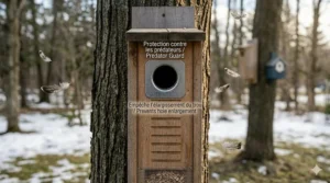 A metal portal protector on a woodpecker house labeled in English and French (Protection contre les prédateurs) to prevent hole enlargement.