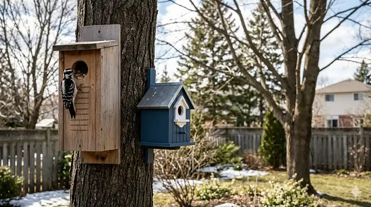 A comparison of a tall, thick-walled cedar woodpecker house with wood shavings inside versus a small, decorative regular birdhouse in a snowy Canadian garden. woodpecker house vs regular birdhouse