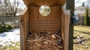 Illustration of a woodpecker house filled with wood shavings to mimic natural decay, essential for Canadian woodpecker nesting habits.