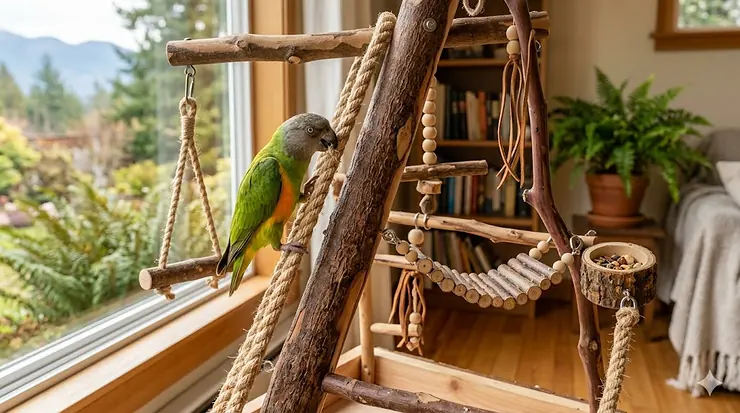 A person using a high-efficiency steam cleaner for upholstery and carpets in a modern Canadian living room with winter gear nearby. climbing toys for medium parrots