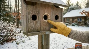 Placing fresh, dry wood shavings inside a birdhouse for insulation against freezing temps.