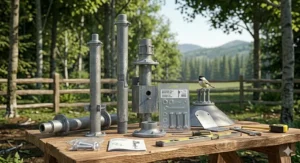 Schematic of an adjustable height birdhouse pole mounting kit with interlocking heavy-duty steel sections.