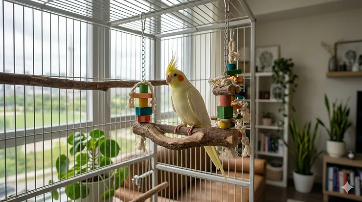 A lutino cockatiel perched on a natural wood bird swing in a sunlit Canadian living room, showing the best bird swings for cockatiels available in Canada.