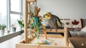 A satisfied cockatiel with its favorite paper shredding toys, available for shipping across Canada.