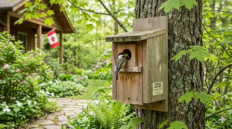 A sturdy birdhouse mounted on a metal pole featuring a black raccoon guard baffle in a green Canadian garden setting.