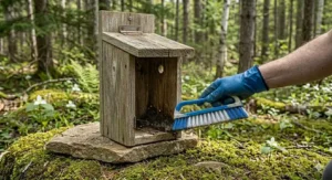 Close-up of a bird house showing clear drainage holes and ventilation gaps essential for the Canadian climate.