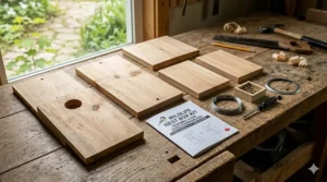 Essential tools for cleaning bird houses including a stiff brush, biodegradable soap, and protective gloves for Canadian birders.
