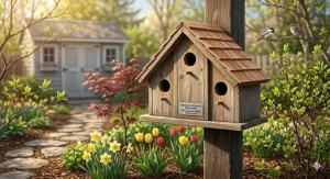 Essential tools for cleaning birdhouses, including a stiff brush, warm water, and vinegar solution for Canadian wildlife safety.