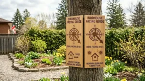 A wooden cedar panel mounted on a tree in a Canadian backyard, displaying a diagram with five circular holes of different sizes (1", 1 1/8", 1 1/4", 1 1/2") and corresponding labeled native bird species: House Wren, Chickadee, Nuthatch/Titmouse, Bluebird. A final row shows unhatched eggs. | Un panneau de cèdre en bois monté sur un arbre dans une cour canadienne, affichant un schéma avec cinq trous circulaires de différentes tailles (1 po, 1 1/8 po, 1 1/4 po, 1 1/2 po) et les espèces d'oiseaux indigènes correspondantes étiquetées : Troglodyte familier, Mésange, Sittelle/Mésange, Merlebleu. Une dernière rangée montre des œufs non éclos.