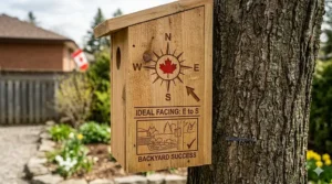 Close-up photorealistic detail of a rustic cedar birdhouse on a tree in a Canadian backyard, bathed in soft spring light. Engraved into the front face is a 'SPRING MAINTENANCE CHECKLIST' diagram. Five icons show: 1. Clean Nests (broom and bucket), 2. Check Roof (hammer and wrench), 3. Tighten Screws (screwdriver), 4. Seal Cracks (putty knife), 5. Inspect Mounts (ladder and tree). Arrows indicate inspection points on the birdhouse structure. The textured wood is sharply detailed. | Détail photoréaliste en gros plan d'un nichoir en cèdre rustique sur un arbre dans une cour canadienne, baigné d'une douce lumière printanière. Gravé sur la face avant se trouve un diagramme de "LISTE DE VÉRIFICATION POUR L'ENTRETIEN PRINTANIER". Cinq icônes montrent : 1. Nettoyer les nids (balai et seau), 2. Vérifier le toit (marteau et clé), 3. Serrer les vis (tournevis), 4. Sceller les fissures (couteau à mastic), 5. Inspecter les supports (échelle et arbre). Des flèches indiquent les points d'inspection sur la structure du nichoir. Le bois texturé est finement détaillé.