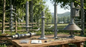 Illustration of a Blue Jay landing on a birdhouse supported by a professional birdhouse pole mounting kit.