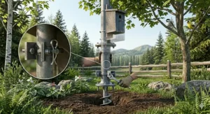 Close-up of a squirrel baffle included in the birdhouse pole mounting kit to protect local Canadian songbirds.