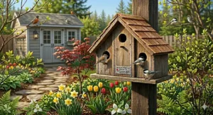 Inspecting a birdhouse interior for mites or pests before the arrival of spring nesting birds in Canada.