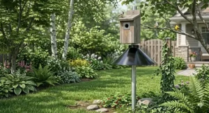 A Black-capped Chickadee perched on a birdhouse secured by a raccoon guard pole baffle in an Ontario backyard.