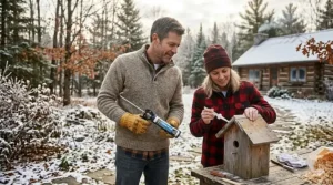 Removing old nesting material from a birdhouse to prevent parasites before winter.