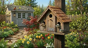 An informative educational graphic for Canadian birders on birdhouse maintenance, featuring bilingual tips for spring nesting.