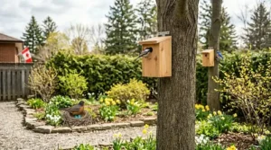 Close-up photorealistic detail of a rustic cedar birdhouse mounted on an old tree in a Canadian spring backyard. A compass graphic is clearly engraved into the front face of the birdhouse, showing the cardinal directions (N, E, S, W) with a red maple leaf at its center. A bold arrow points between East and South, with the routed text "IDEAL FACING: E to S" below it. | Détail photoréaliste en gros plan d'un nichoir en cèdre rustique monté sur un vieil arbre dans une cour printanière canadienne. Un graphique de boussole est clairement gravé sur la face avant du nichoir, montant les directions cardinales (N, E, S, W) avec une feuille d'érable rouge en son centre. Une flèche audacieuse pointe entre l'est et le sud, avec le texte frais "ORIENTATION IDÉALE : E à S" en dessous.
