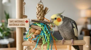 Close-up of a cockatiel using paper shredding toys to prevent boredom and feather picking.
