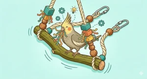 Illustration of a cockatiel playing on a swing with shreddable toys, highlighting mental stimulation for indoor pets in Canada.