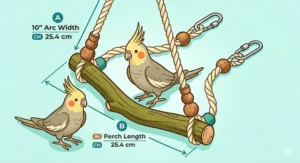 Size chart for cockatiel swings showing appropriate dimensions in centimeters and inches for Canadian bird owners.