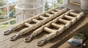 Vibrant multi-colored rope ladders for bird cages with wooden rungs, designed for parakeets and lovebirds.