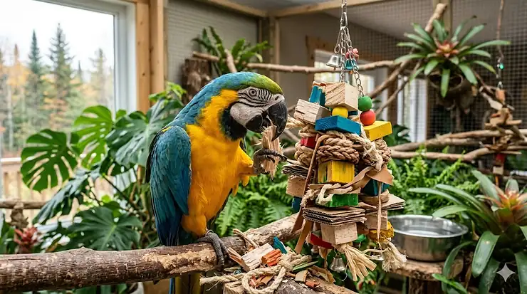 A large colorful macaw chewing on organic destructible bird toys, curated for Canadian parrot owners.
