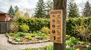 A close-up view in a Canadian backyard garden, focusing on materials for setting up birdhouses. On a weathered stone border rest a stack of cedar planks, a bundle of natural hemp twine, a metal bucket containing dry wood twigs, and four small, branded retail boxes of hardware: one box labeled 'Exterior Screws', one 'Birdhouse Nails', one 'Hanging Wire', and one 'Predator Guards'. In the background are blooming yellow and white spring flowers, flowering bushes, and a brick house with a distant Canadian flag. A rustic cedar birdhouse is mounted on a large tree trunk nearby. The scene is illuminated by soft, natural daylight, capturing all textures. | Une vue en gros plan dans un jardin de cour canadienne, se concentrant sur les matériaux pour l'installation de nichoirs. Sur une bordure en pierre patinée reposent une pile de planches de cèdre, un paquet de ficelle de chanvre naturel, un seau en métal contenant des brindilles de bois sèches, et quatre petites boîtes de quincaillerie de marque : une boîte étiquetée "Vis d'extérieur", une "Clous pour nichoirs", une "Fil de suspension", et une "Protections contre les prédateurs". En arrière-plan, on voit des fleurs printanières jaunes et blanches en fleurs, des arbustes en fleurs, et une maison en brique avec un drapeau canadien lointain. Un nichoir en cèdre rustique est monté sur un grand tronc d'arbre à proximité. La scène est illuminée par une lumière naturelle douce, capturant toutes les textures.
