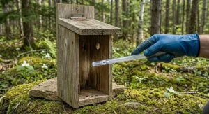 A cleaned bird nest box drying in the sun to ensure all moisture is gone before the next Canadian nesting cycle begins.