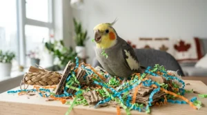 Foraging-style paper shredding toys for cockatiels to encourage natural searching behaviors.