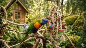Selection of colorful foraging toys providing mental stimulation for pet birds.