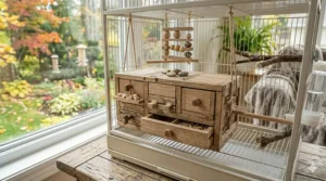 A secure, hanging-style foraging box installed in a bird cage, perfect for active cockatiels.