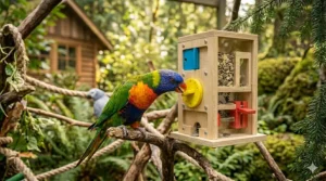 Durable hanging foraging toy with diverse textures for small to medium parrots.