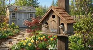 Close-up of removing an old, dried bird nest from a backyard birdhouse to prevent parasites and disease.