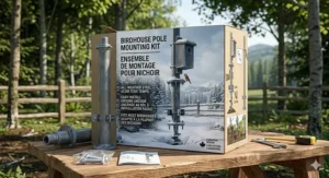 Step-by-step assembly guide for a birdhouse pole mounting kit featuring an easy-install ground screw system.