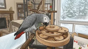 A vertical food puzzle toy for bored parrots featuring natural textures for enrichment and foraging.