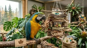 Eco-friendly destructible bird toys for macaws with packaging in English and French (Français).