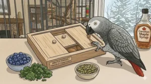 A happy, engaged parrot successfully using a food puzzle toy to prevent boredom and feather plucking.
