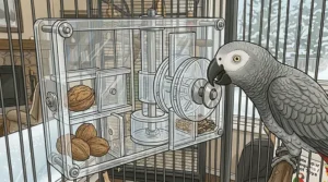 Eco-friendly wooden food puzzle toys for bored parrots made from sustainable, bird-safe materials.