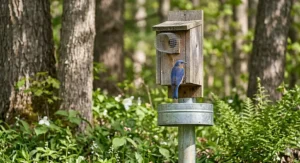 Close-up photorealistic rendering of a wire mesh Noel guard on a bluebird house entrance to deter raccoons and avian predators.