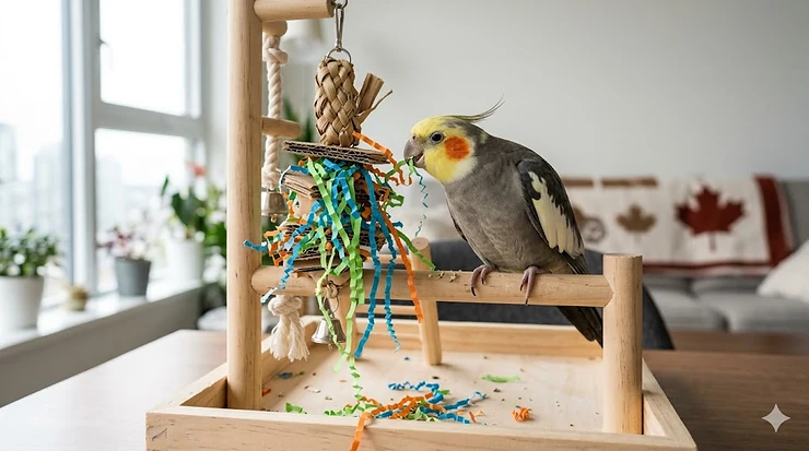 A cockatiel engaging with colorful paper shredding toys in a Vancouver-style sunlit living room.