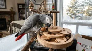 An indoor parrot using a foraging food puzzle toy to stay mentally active while it snows outside in Ontario.