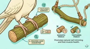 Close-up illustration of a textured bird swing for cockatiels designed to help trim claws and provide a steady grip.