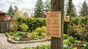 Close-up detail of a rustic cedar birdhouse on a tree in a Canadian backyard, viewed under soft spring light. A diagram is carefully etched into the front wood face titled 'PREDATOR GUARD GUIDE'. It shows an overhead view of the birdhouse with a dashed circle representing the optimal 1.5-inch 'SAFE ZONE' extension for a predator guard. Below it, a cross-section diagram shows 'PREDATOR REACH' and 'CHICK PROTECTION ZONE'. The text emphasizes the guard as a 'CRITICAL PREDATOR DEFENSE'. | Détail en gros plan d'un nichoir en cèdre rustique sur un arbre dans une cour canadienne, vu sous la douce lumière du printemps. Un diagramme est soigneusement gravé sur la face avant en bois intitulée 'GUIDE DES PROTECTIONS CONTRE LES PRÉDATEURS'. Il montre une vue de dessus du nichoir avec un cercle en pointillés représentant l'extension optimale de la "ZONE DE SÉCURITÉ" de 1,5 pouce pour une protection contre les prédateurs. En dessous, un diagramme en coupe montre la "PORTÉE DU PRÉDATEUR" et la "ZONE DE PROTECTION DES POUSSINS". Le texte met l'accent sur la protection comme une "DÉFENSE CRUCIALE CONTRE LES PRÉDATEURS".