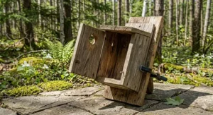 A clean nest box mounted on a pole with a predator baffle in a Canadian garden, ready for summer residents.