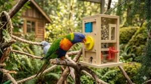 Interactive puzzle foraging toy that challenges pet parrots during playtime.