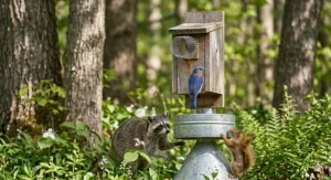 A raccoon and squirrel being deterred by a stovepipe and cone predator guard for a bluebird house in a Canadian forest setting.