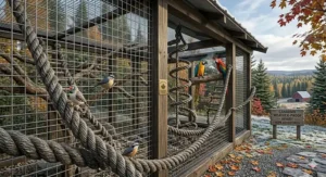 Step-by-step illustration of how to install rope ladders for bird cages using quick-link connectors.